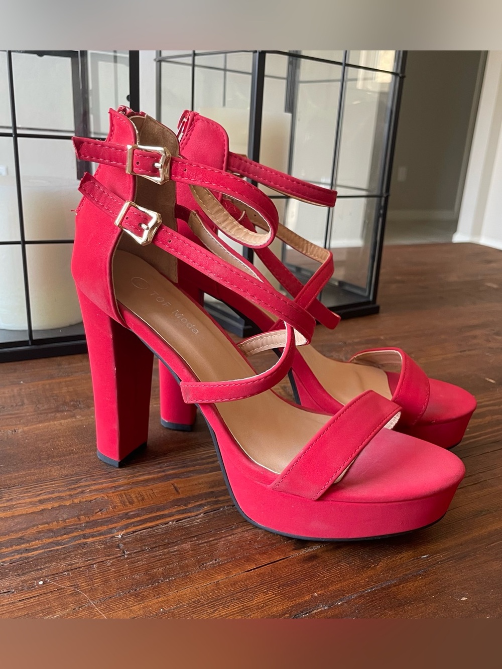 Top Moda Red Strappy Platform Block Heel Sandals with Double Buckle